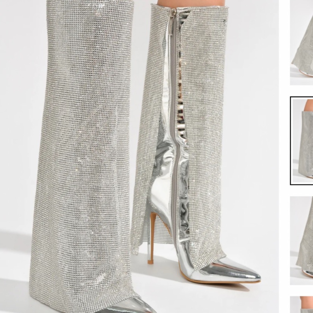 Silver Rhinestone Knee-High Boots - Picture 4 of 5